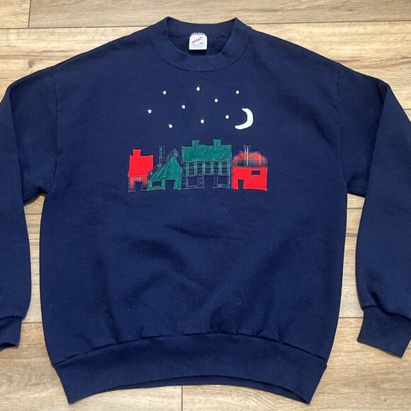 VTG Row House Nighttime Sweatshirt Adult MEDIUM Navy Blue Rhinestones USA Made - Picture 2 of 10
